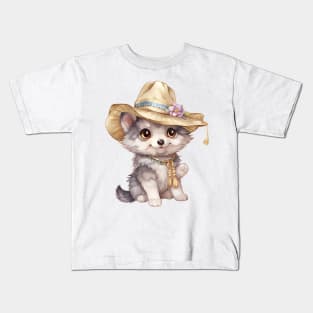 Gray Wolf in Straw Hat Kids T-Shirt